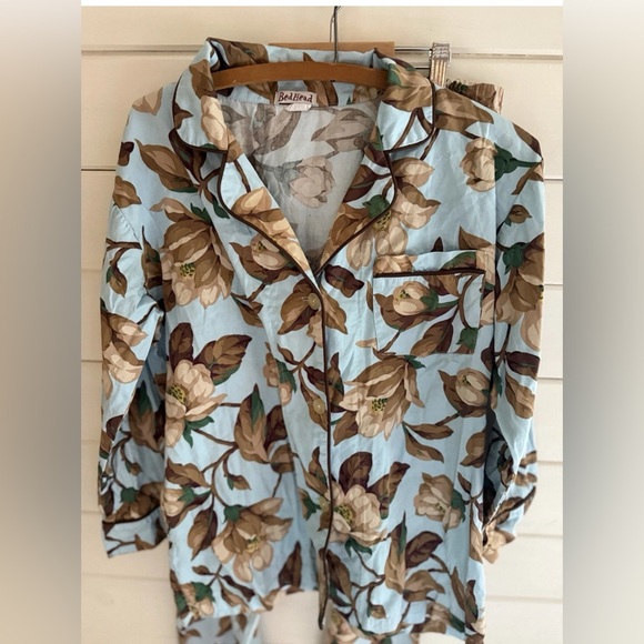 BED HEAD PAJAMA SET Sz SMALL Blue Brown Floral L/S Cotton 100% Fine Cotton USA - Picture 2 of 4